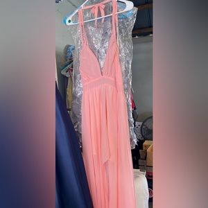 Melon/Peach colored, Chiffon, split skirt, halter dress